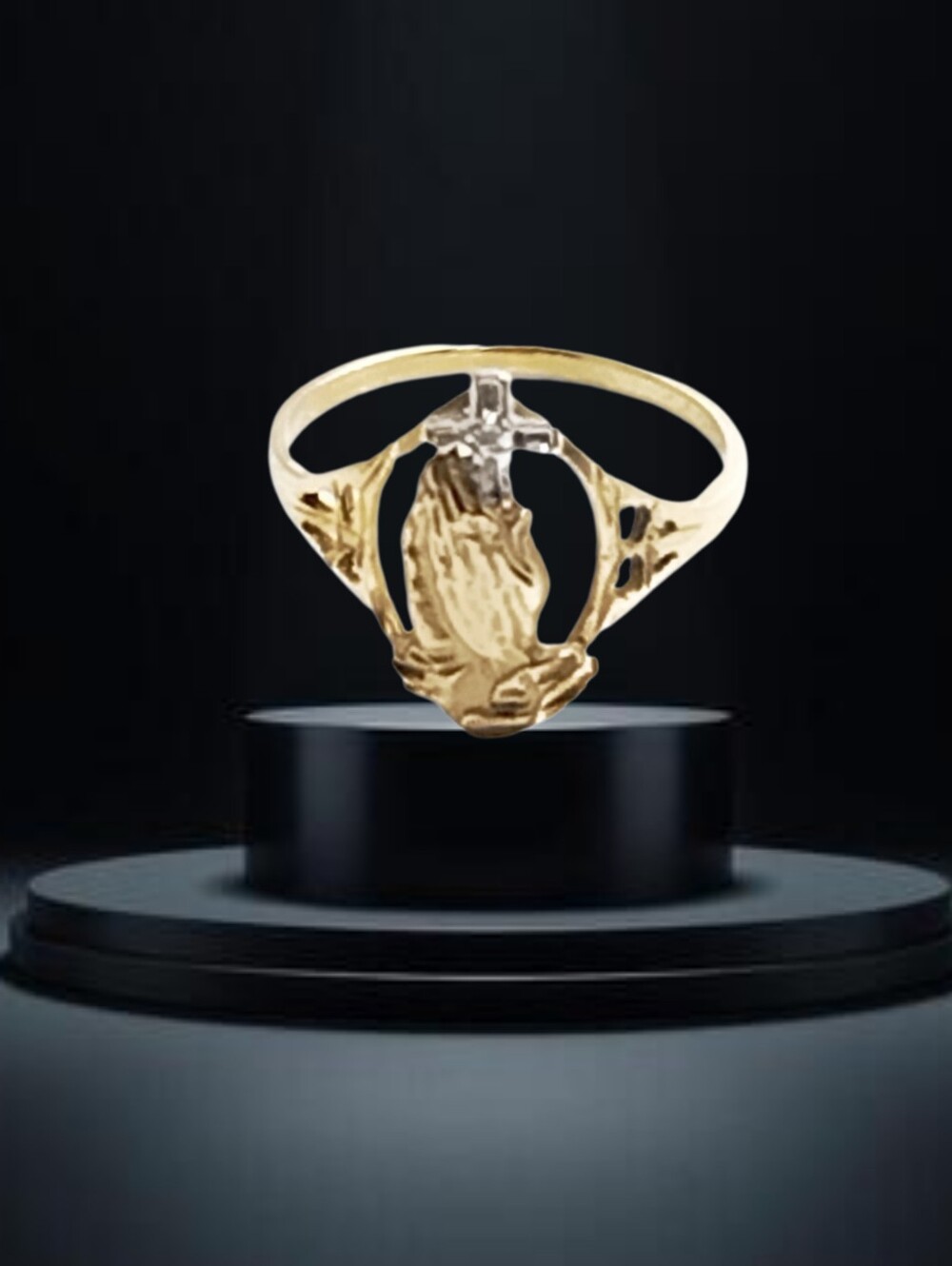 10K Yellow Gold Praying Hands & Cross Religious Ring w/ Clear Stone 1.7g Size 6.